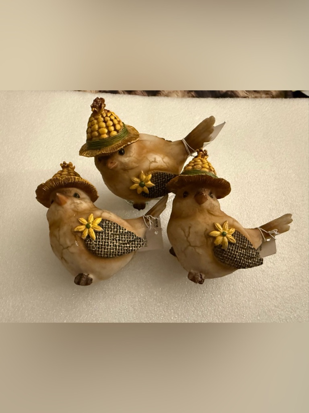 Bundle of 3 Harvest Bird Figurines with Corn Hats & Sunflowers (NWT)